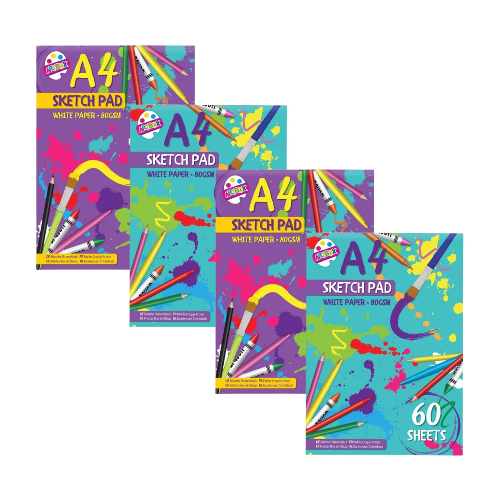 A4 Drawing Pad 4 Packs | 60 Sheets Each of 80gsm Thick White Paper | 240 Sheets in Total | Sketch Books for Children and Adults