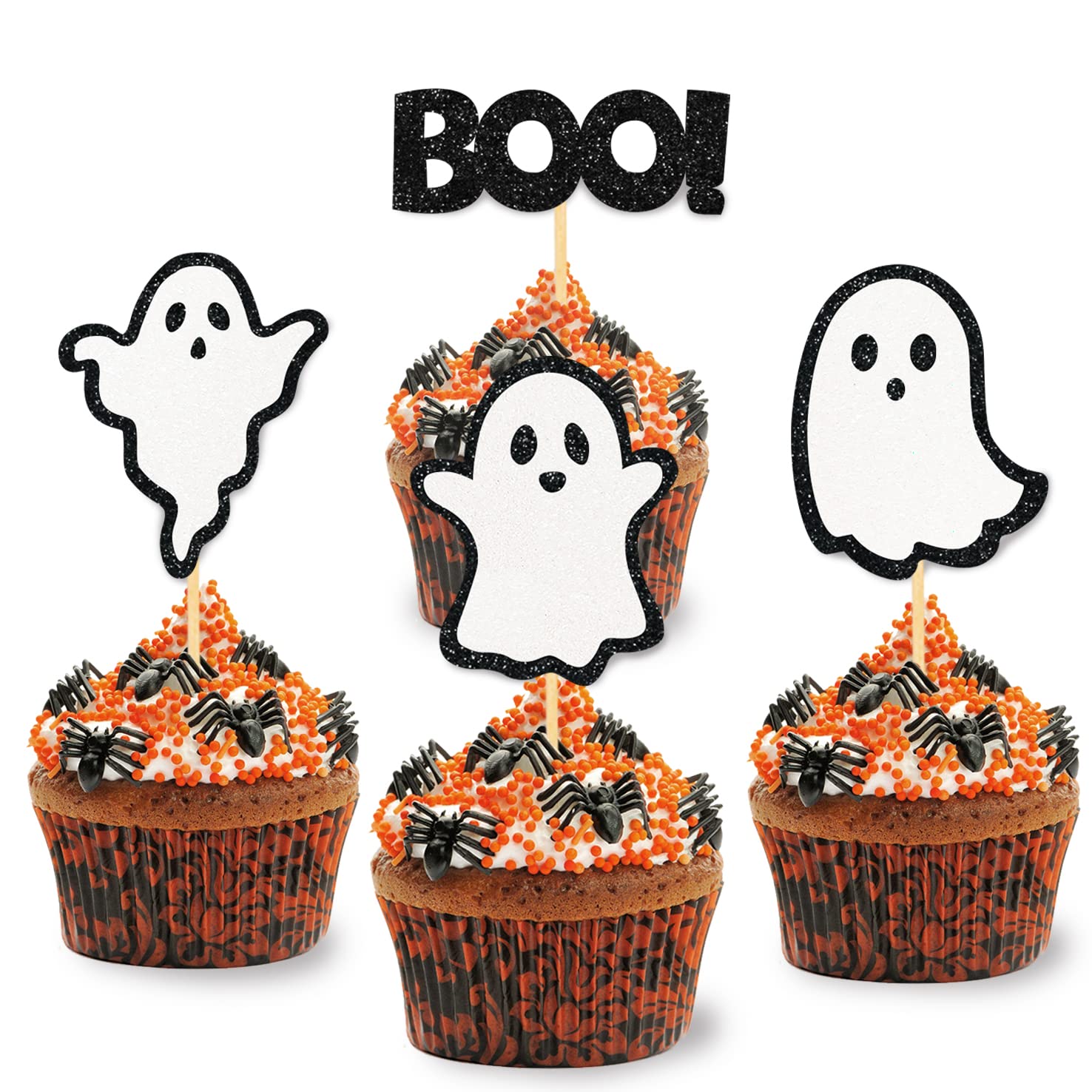 Photo 1 of 24 Pack Glitter Halloween Ghost Cupcake Toppers - Baby Shower Decor Gender Reveal Decorations (Black)