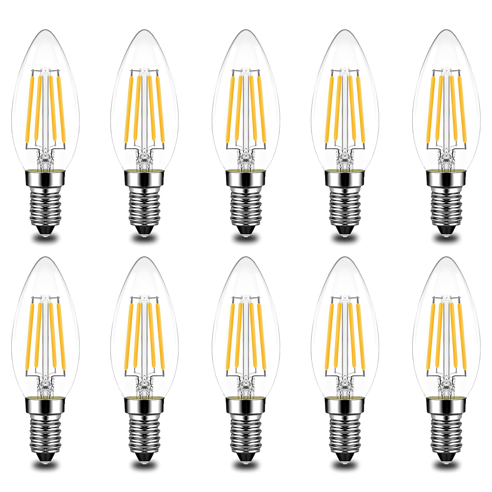 HUAMu 10-Pack E14 LED Candle Filament Bulbs 4W,Warm White 2700K Candelabra E14 SES Bulb, 360 Degree Beam Angle, Non-Dimmable, 400lm, LED Light Bulb, Small Edison Screw Candle Light Bulbs