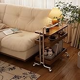 CycleCrew Solid Wood Rolling End Table Cart with Adjustable Storage - 3-Tier Stainless Steel Fame Side Table on Wheels Narrow