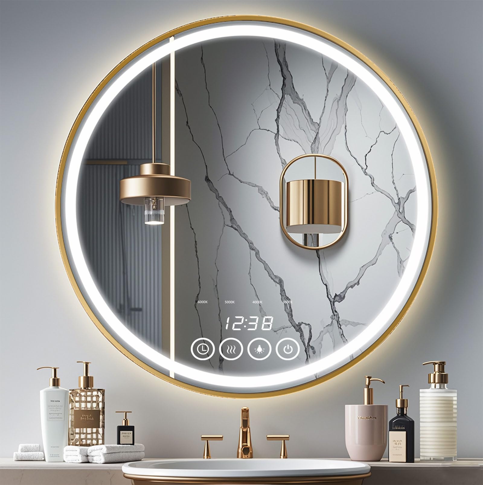 Photo 1 of 24 Inch Wall-Mounted Round Bathroom Mirror with LED-Lights - Frame Vanity Mirrors (24" x 24", Gold)