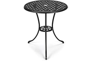SunnyFurn 24" Outdoor Round Patio Bistro Table, Cast Aluminum Outdoor Cafe Table with 2 inch Umbrella Hole for Porch,Backyard,Garden, (Classic Square Pattern, Black)