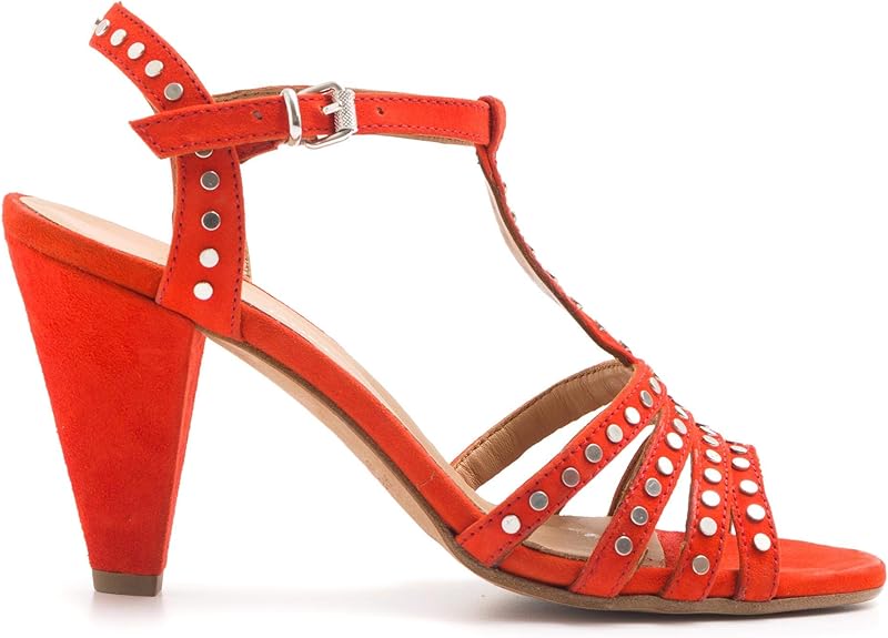 Amazon.com: Lalla Medium Heel Sandals in red Leather with Studs - 41356MANGO Fiamma - Size: Shoes