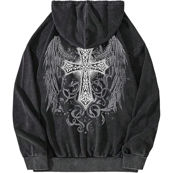 Our Spring Casual Graphic en's Gothic Print Zip Front Drawstring Loose Fit Hooded Sweatshirt , Long Sleeve Top, Y2K is such a vibe - ROWE