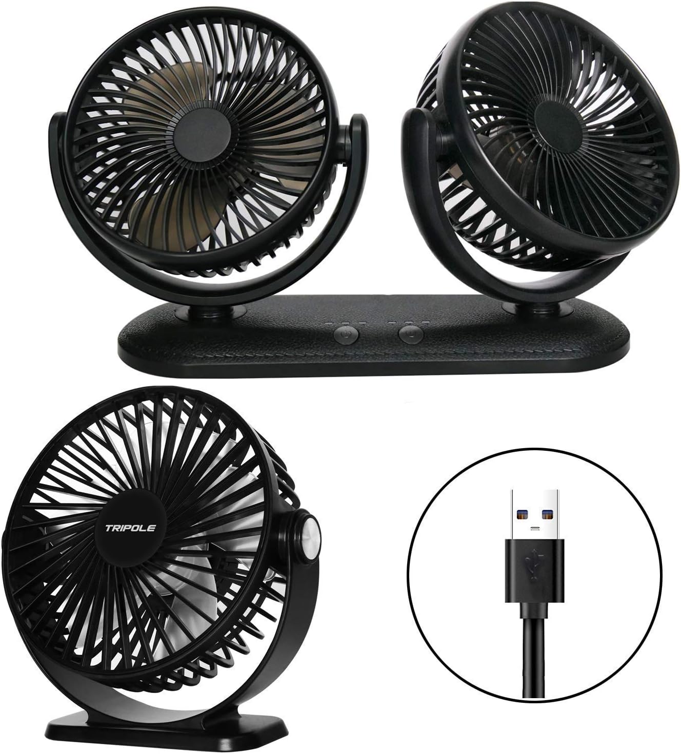 TriPole Portable Desk Fan USB Powered Small Fan & Car Fan Bundle 3 Speeds Strong