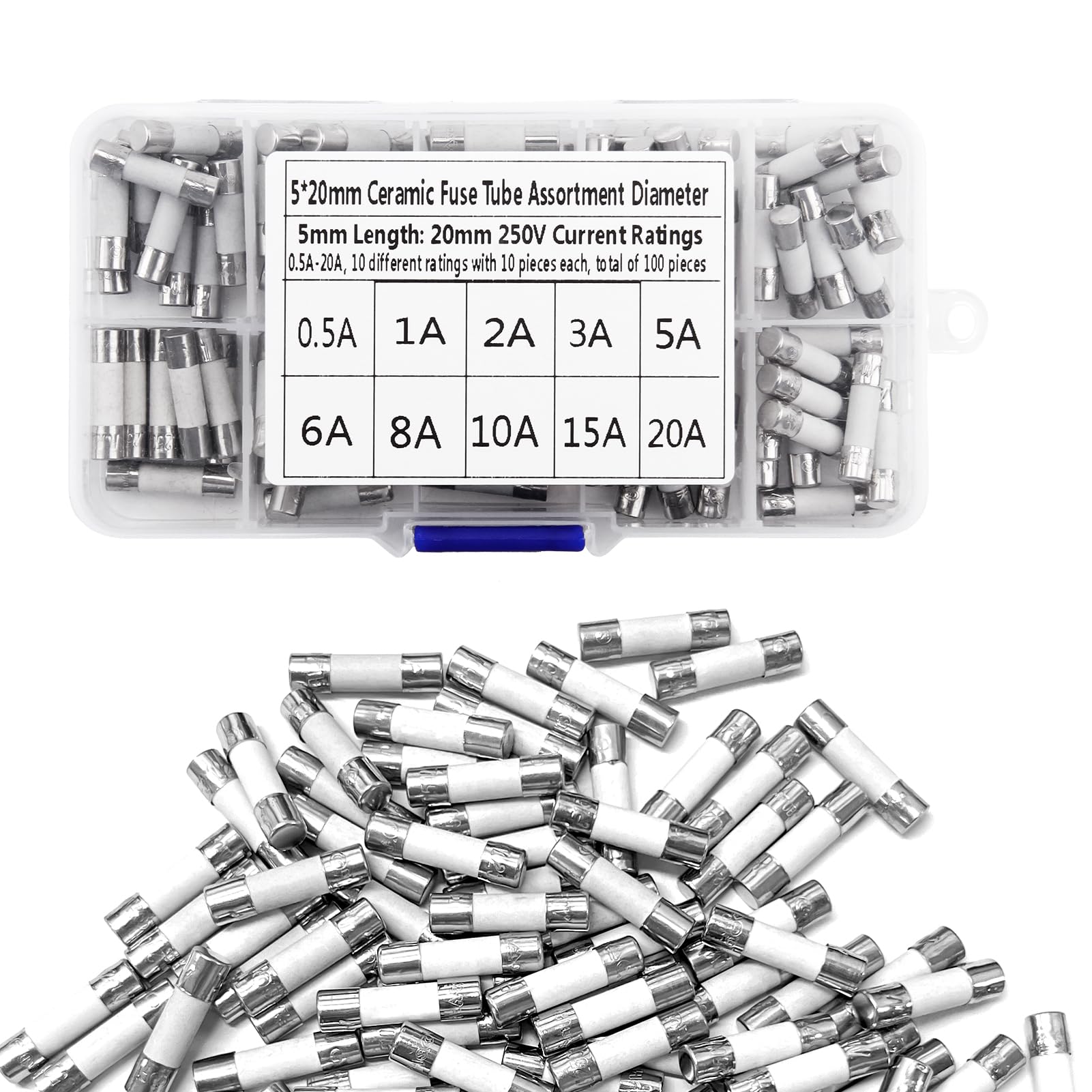 100Pcs 5 x 20 mm Fast Blow Ceramic Fuses Kit, 10Values 0.5A 1A 2A 3A 5A 6A 8A 10A 15A 20A 250V Household Mains Plug Fuse Ceramic Tube Fuses Cartridge Fuses Assortment Kit Quick Fuse for Mains Plug