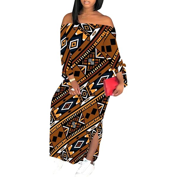 Hyujoda Womens Casual Loose African Print Dress Sexy Elegant Long Sleeve  Off The Shoulder Bowknot Sides Slit Beach Party Maxi Dresses S at Amazon  Women's Clothing store
