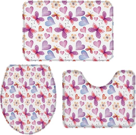 Amazon Com Daringone 3 Pieces Butterfly Bathroom Rugs Set Anti Slip Bath Rug Absorbent Bath Mats Contour Mat And Toilet Lid Cover Perfect Carpet For Tub Shower Bath Room Love Romantic Purple Theme Home