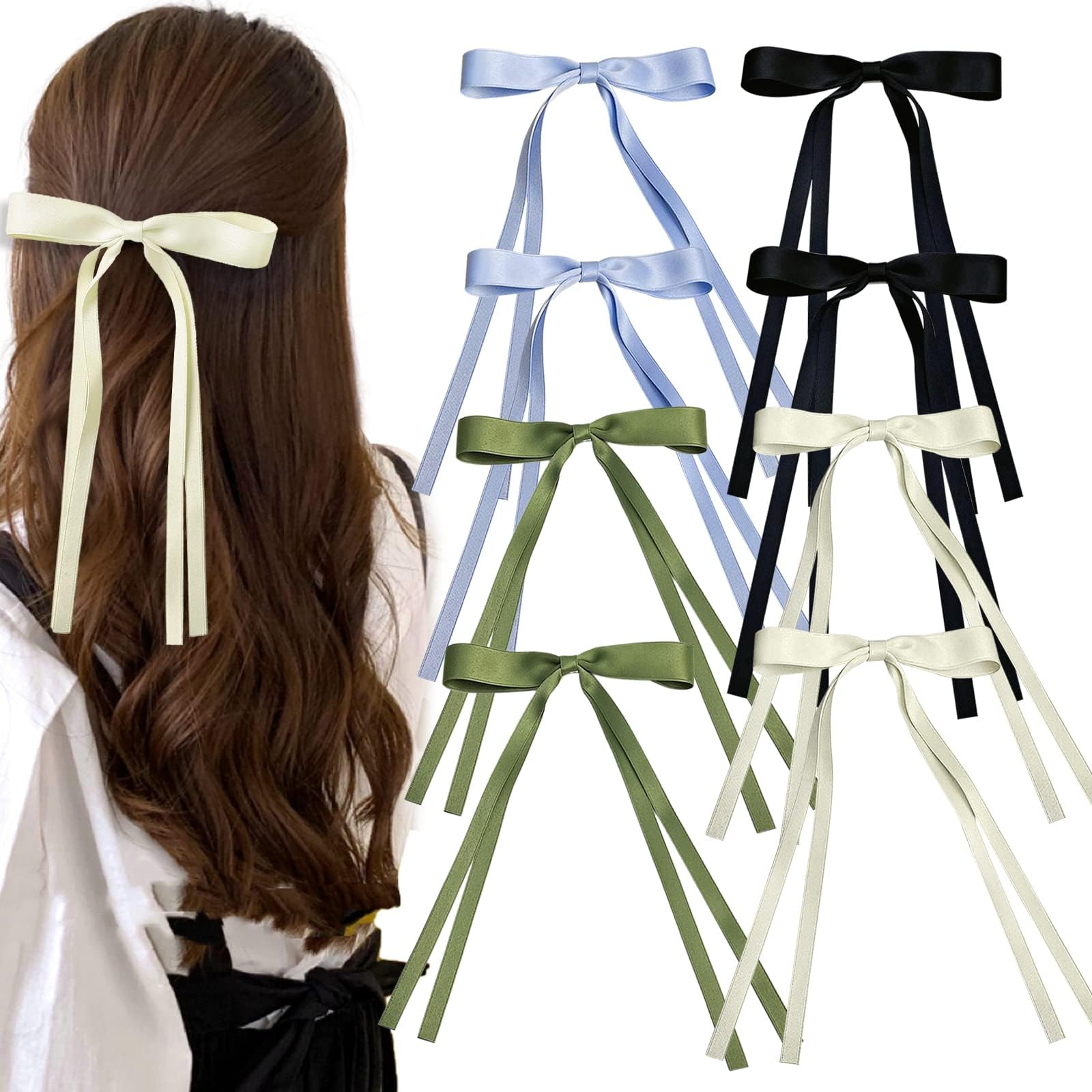 8PCS Hair Bows for Women Tassel Ribbon Bowknot Hair Clips with Long Tail Solid Bow Hair Clips for Long Hair Accessories Barrettes Claw Hair Bows for Girls (green, blue, black, beige)