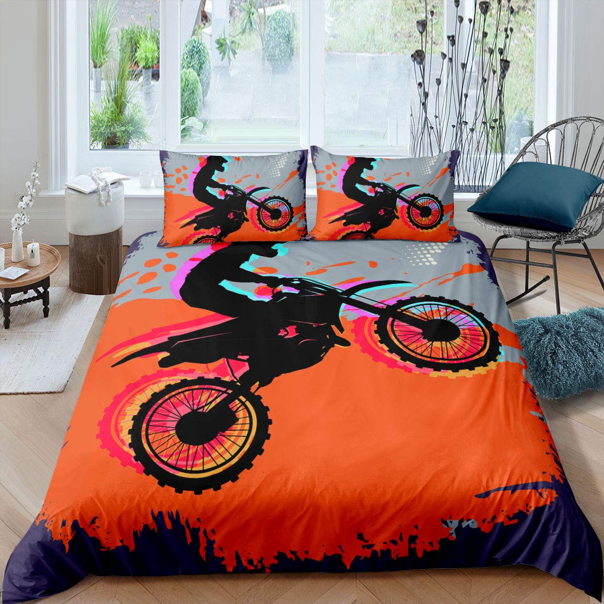Loussiesd 3D Cool Motorbike Comforter Cover Set Super King for Boys Men Speed Motocross Duvet Cover Riding Theme Bedding Set Orange Bedspread Cover with 2 Pillow Shams Microfiber Bed Cover Zipper