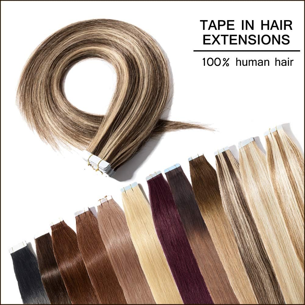 20inch Brown&Blonde Highlight Tape In Human Hair Extensions Long Straight Seamless Skin Weft Hair Invisible Double Sided Tape 40pcs 100g+20pcs Extra Tapes (Medium Brown mixed Dark Blonde #4-27)