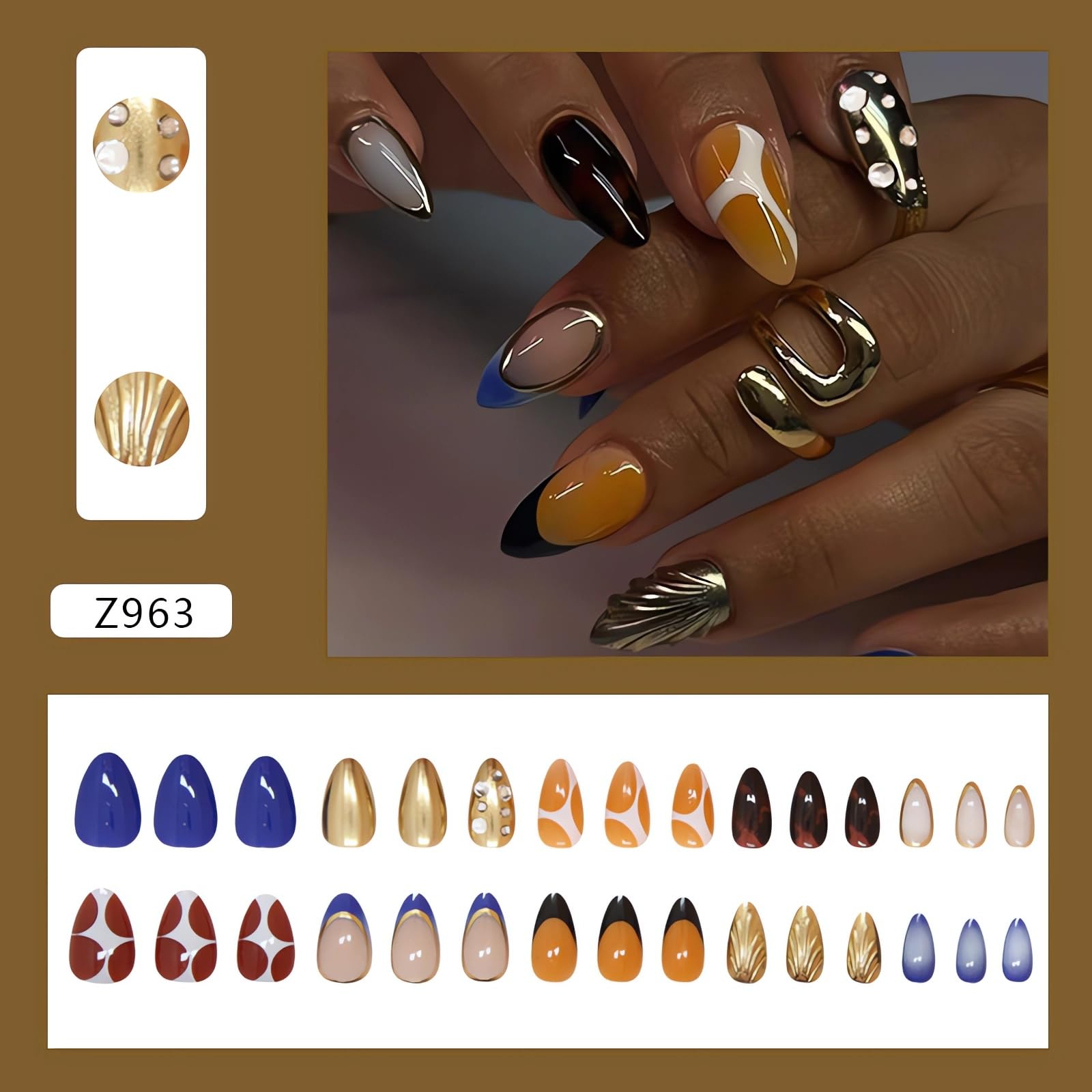 LPOODDNU French Stereoscopic Press on Nails Almond Shaped Autumn Winter Metallic Effect Fake Nails Medium Length Glue on Nails Multicolored 3D Handmade Acrylic Nails Cute Stick on Nails for Women - Image 2