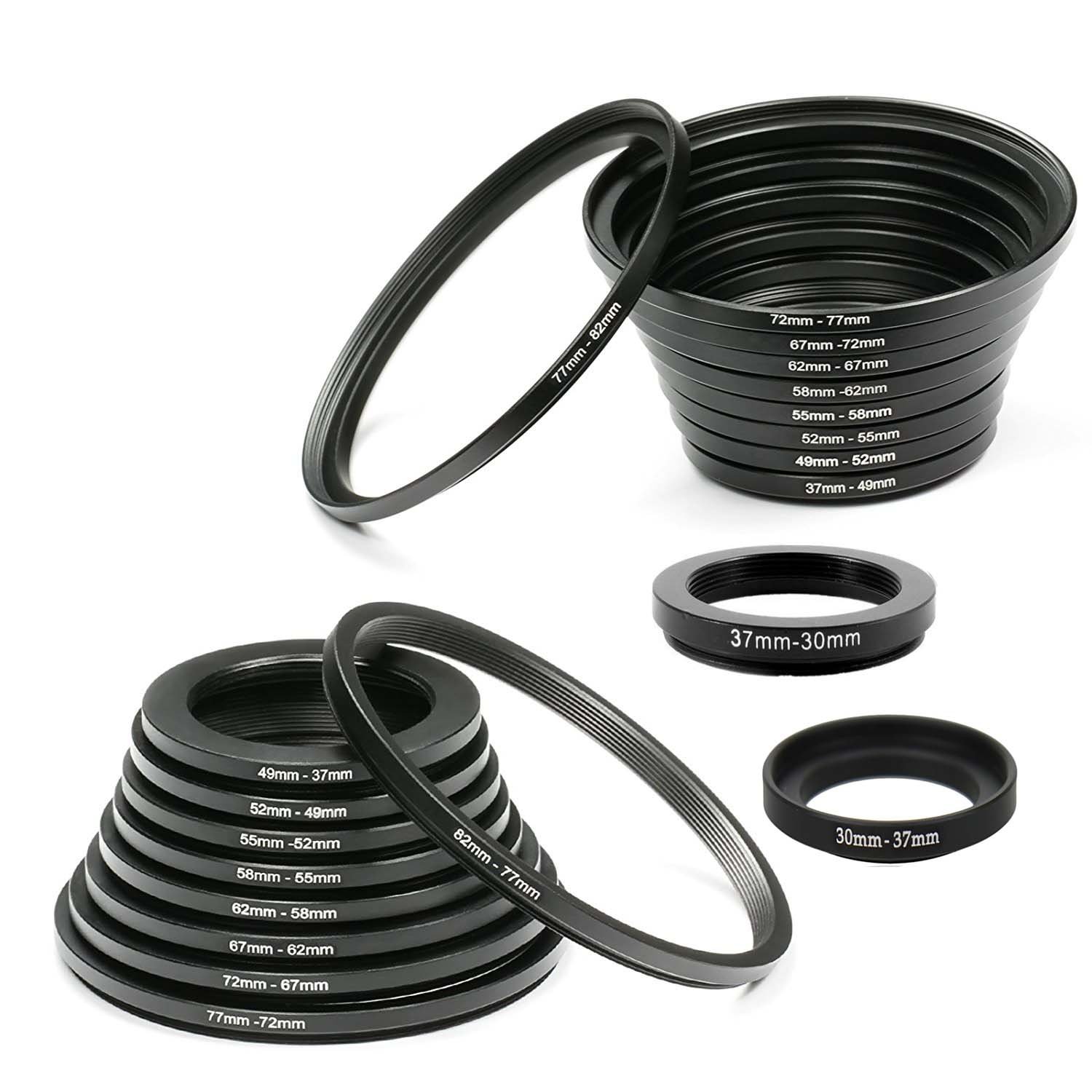 CAM-ULATA 20 Teiliges Filteradapter Step Up / Step Down Ringe Set 82mm 77mm 72mm 67mm 62mm 58mm 55mm 52mm 49mm 37mm 30mm Objektivadapter Adapterringe Filteradapter Schwarz für Canon Nikon Sony Sigma