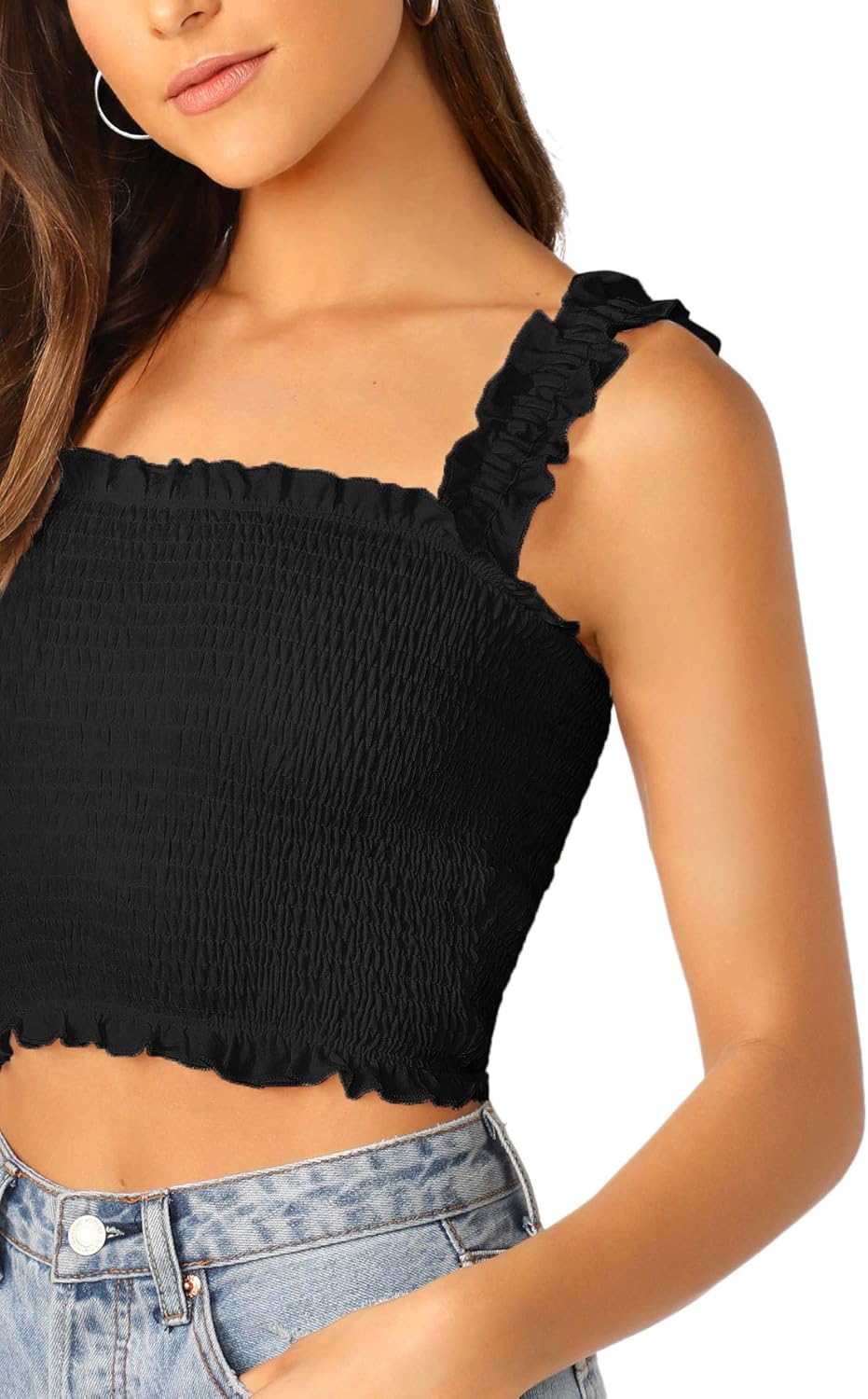 SheIn Women's Casual Frill Smocked Crop Cami Tank Shirred Strap Sleeveless Top at  Women’s Clothing store
