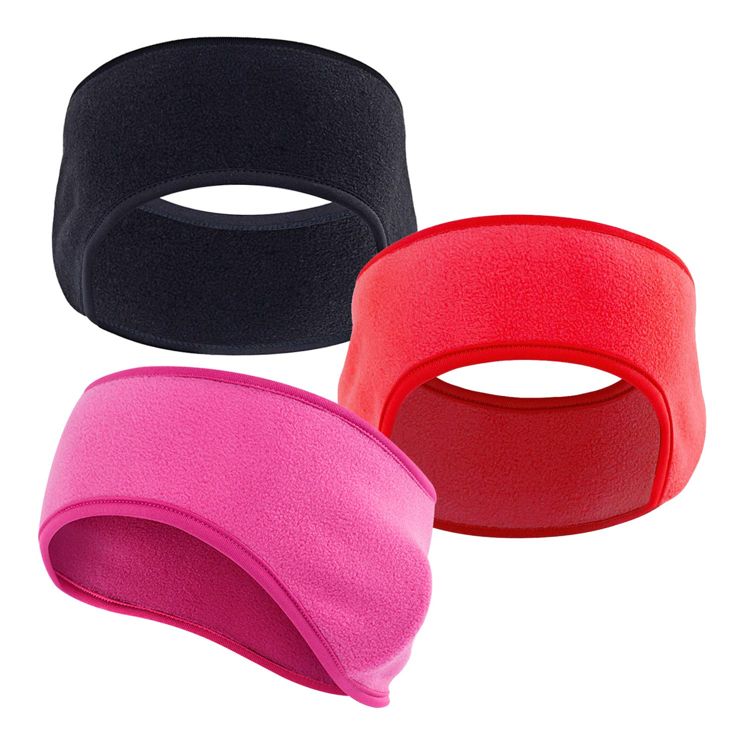 JEEZAO 3pcs Unisex Fleece Headband,Ear Warmer,Windproof Cold-Proof and High Stretchy for Workout Running Cycling (Black + Rose red + Red)