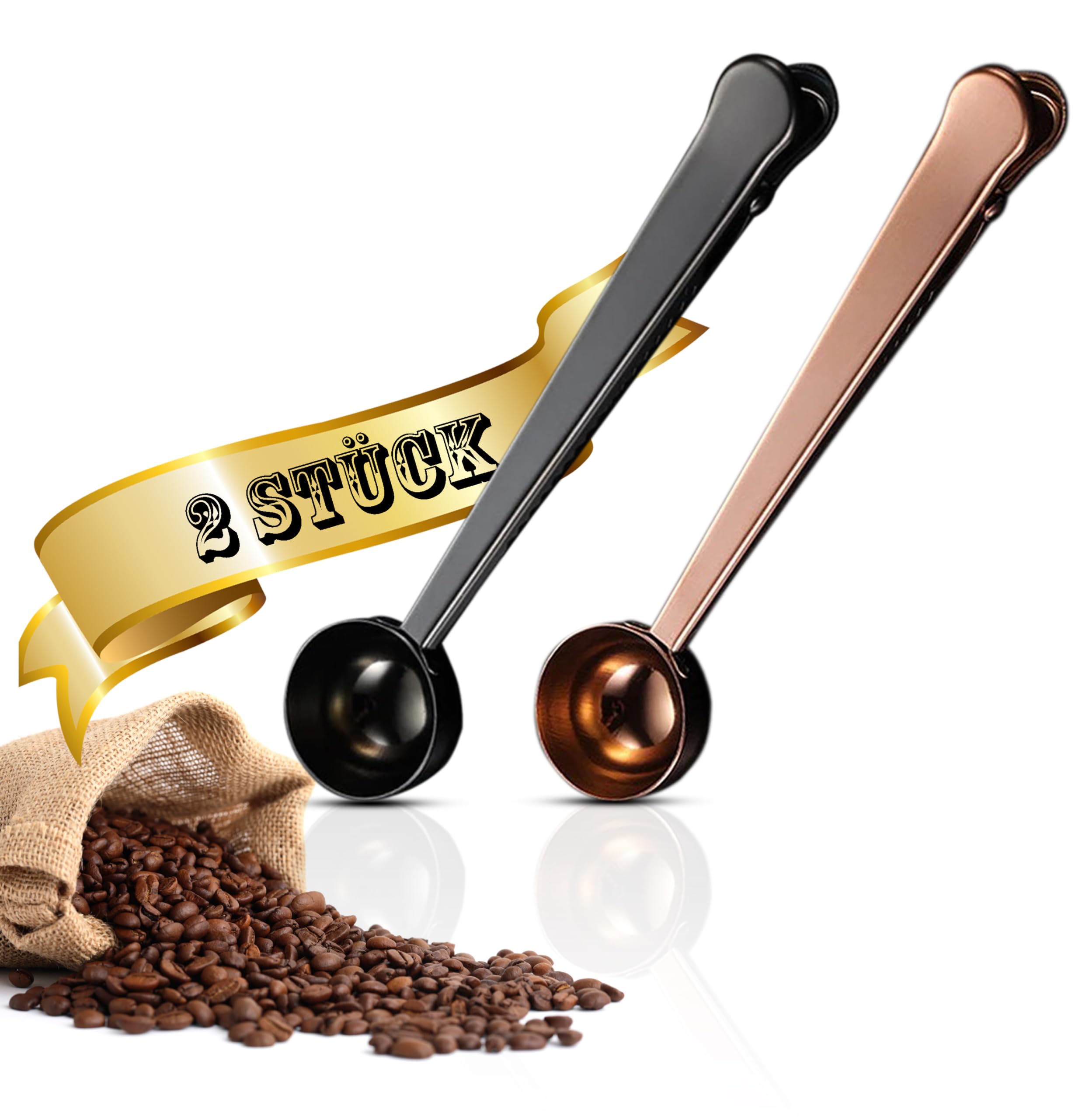 Set of 2 stainless steel coffee spoons, measuring spoons with coffee bag clip