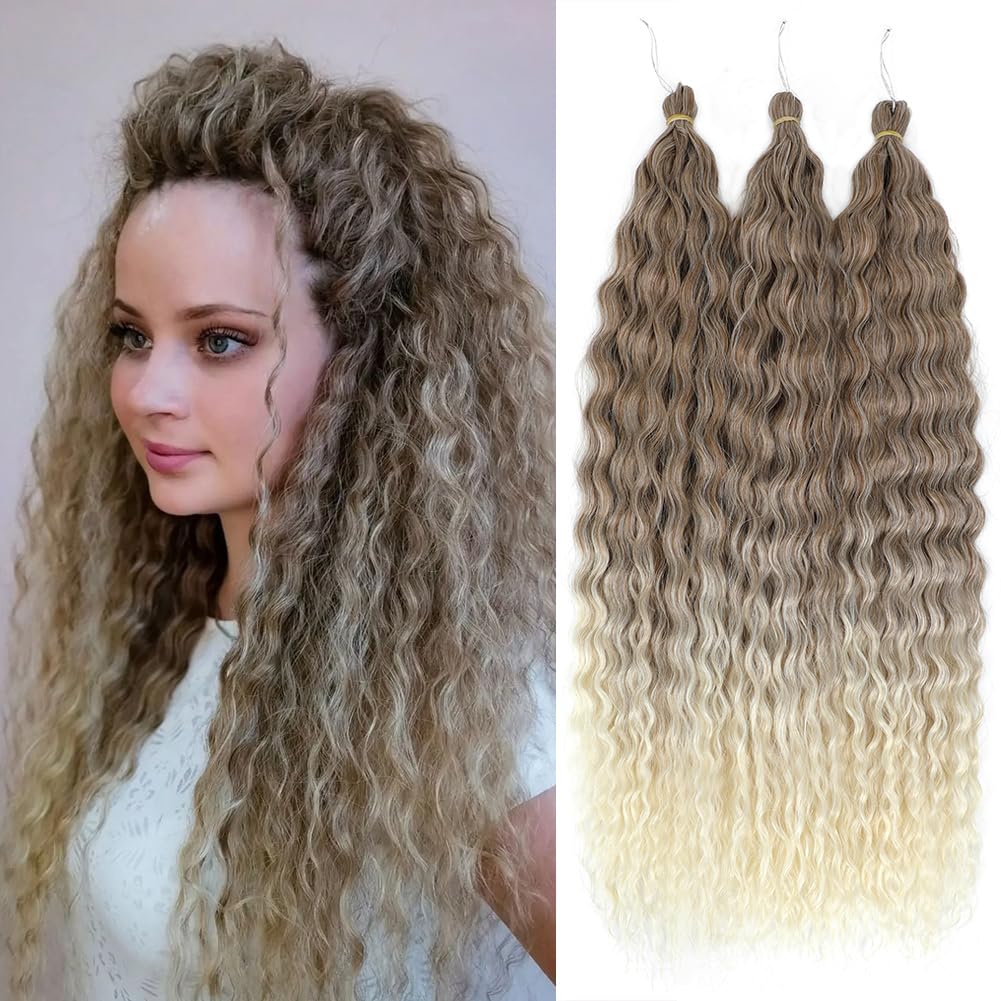 Photo 1 of Felek Ocean Wave Crochet Braiding Hair 30inch 3 Packs Ombre Blonde Long Water Wave Synthetic Wavy Deep Curly Crochet Braids Hair For Black Women (Mixed Brown and Blonde,#62)