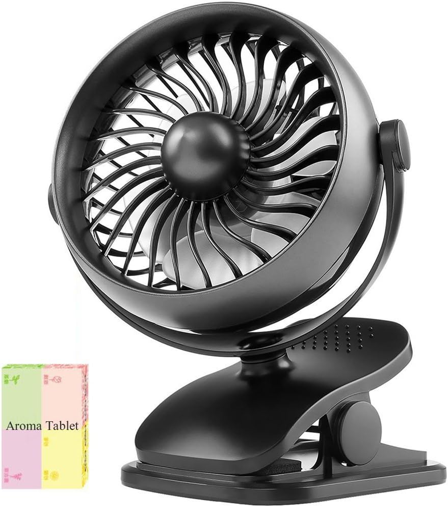MayAi Clip Fan USB Rechargeable Battery Powered, 4 Speeds, 360 Degree Rotation, Portable Small Desk Fan (Black, Perfume Tablets Enclosed)