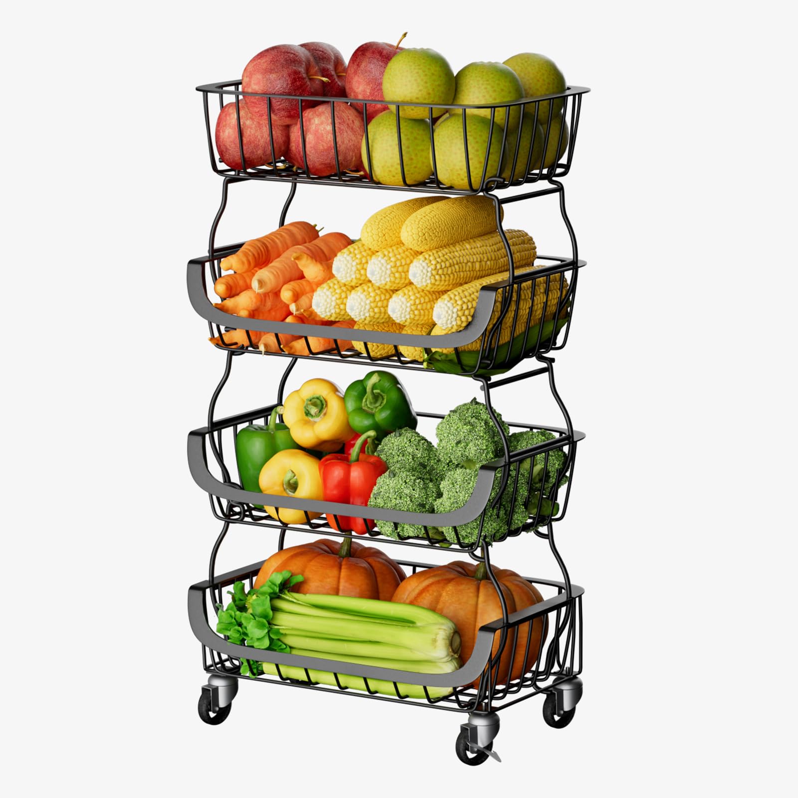 Photo 1 of RANXFLOAT Fruit Vegetable Storage Basket, Kitchen Fruit Vegetable Storage Cart, 4 Tier Stackable Metal Wire Storage Baskets with Wheels, Produce Basket Organizer Bins for Pantry, Bathroom, Black