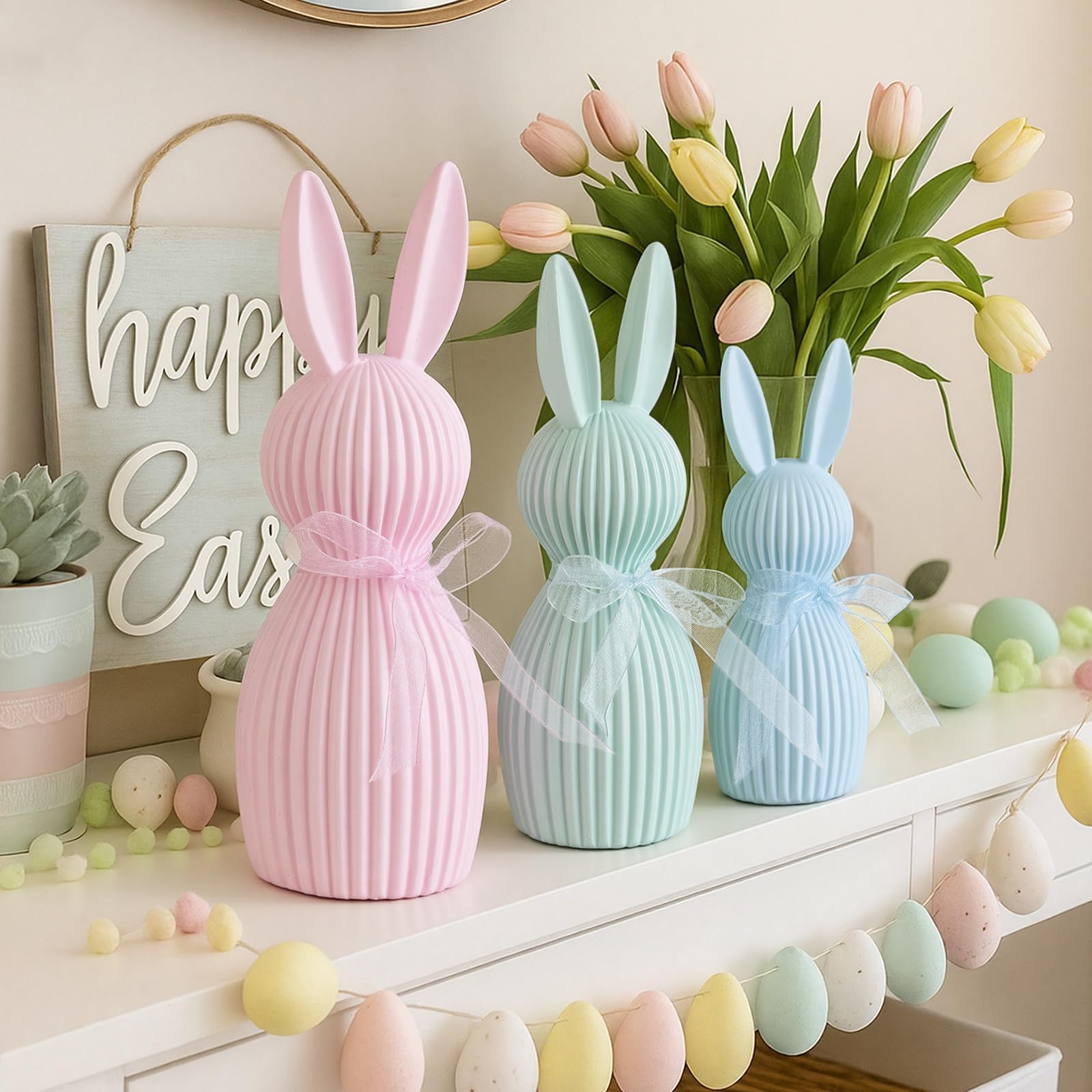 Photo 1 of Sumind 3 Pack Easter Bunny Table Decorations Pastel Easter Bunny Figurines for Home Tiered Tray Minimalist Farmhouse Spring Home Decoration Resin Rabbit Statue for Mantel Shelves Tabletop Centerpieces