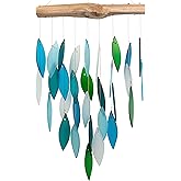 Blue Handworks Ocean Waterfall Glass and Driftwood Chime, Sandblasted Glass and Found Wood Handcrafted Wind Chime