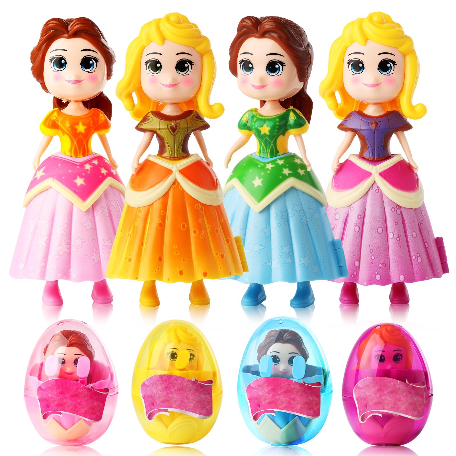xutengy 4 Pack Easter Basket Essentials Fillers Gifts Jumbo Princess Eggs，Deformation Prefilled Deformation Toys for Kids Toddler Boys Girls