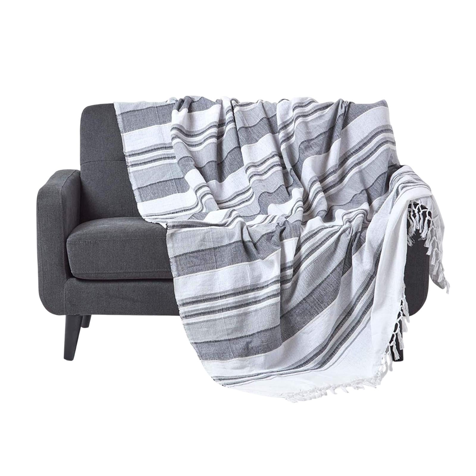 HOMESCAPES Grey Charcoal Throw “Morocco” Cotton Textured Stripe Throw 150 x 200 cm Bedspread Sofa Throw Handmade Suitable for Armchairs and 2 Seater Sofas or Single and Double Beds Machine Washable