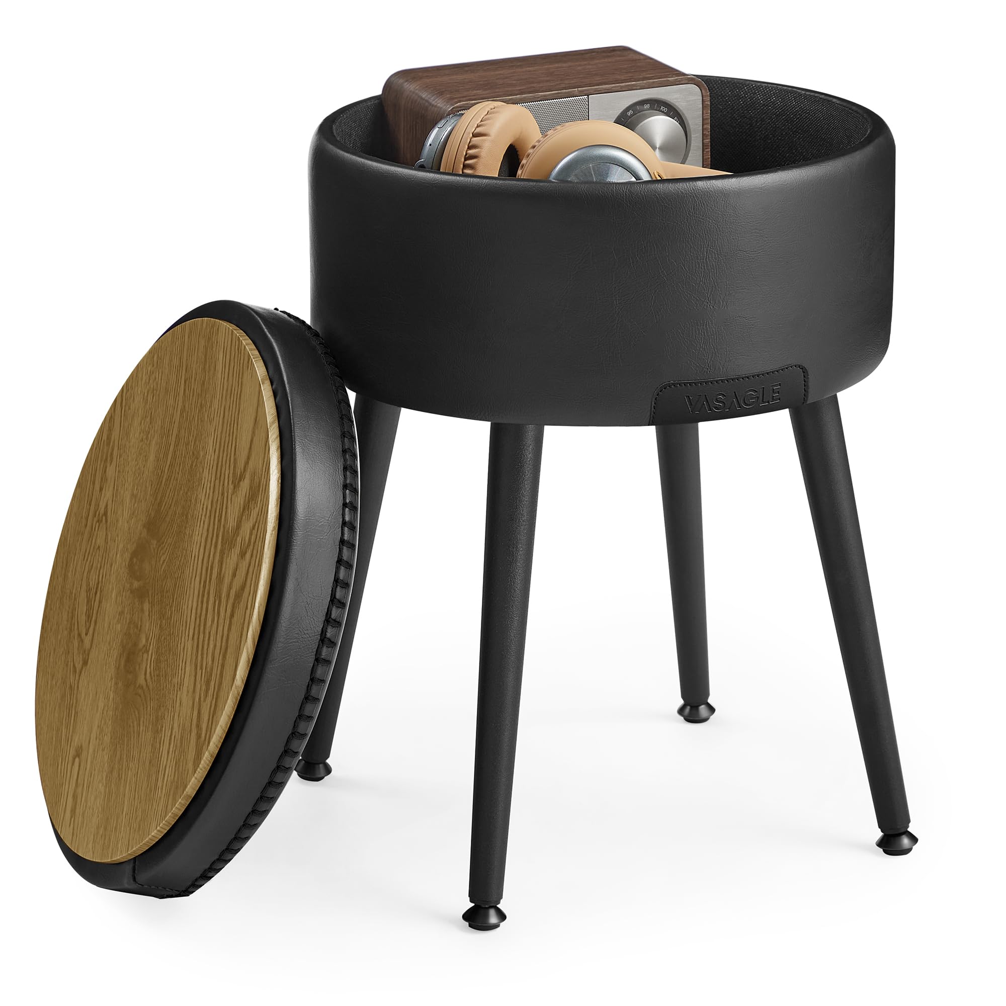 VASAGLE EKHO Collection - Storage Ottoman, Vanity Chair Stool, Synthetic Leather with Stitching, Mid-Century Modern, Round Storage Seat with Steel Legs, Loads 330 lb, Ink Black ULOM005B01 Image