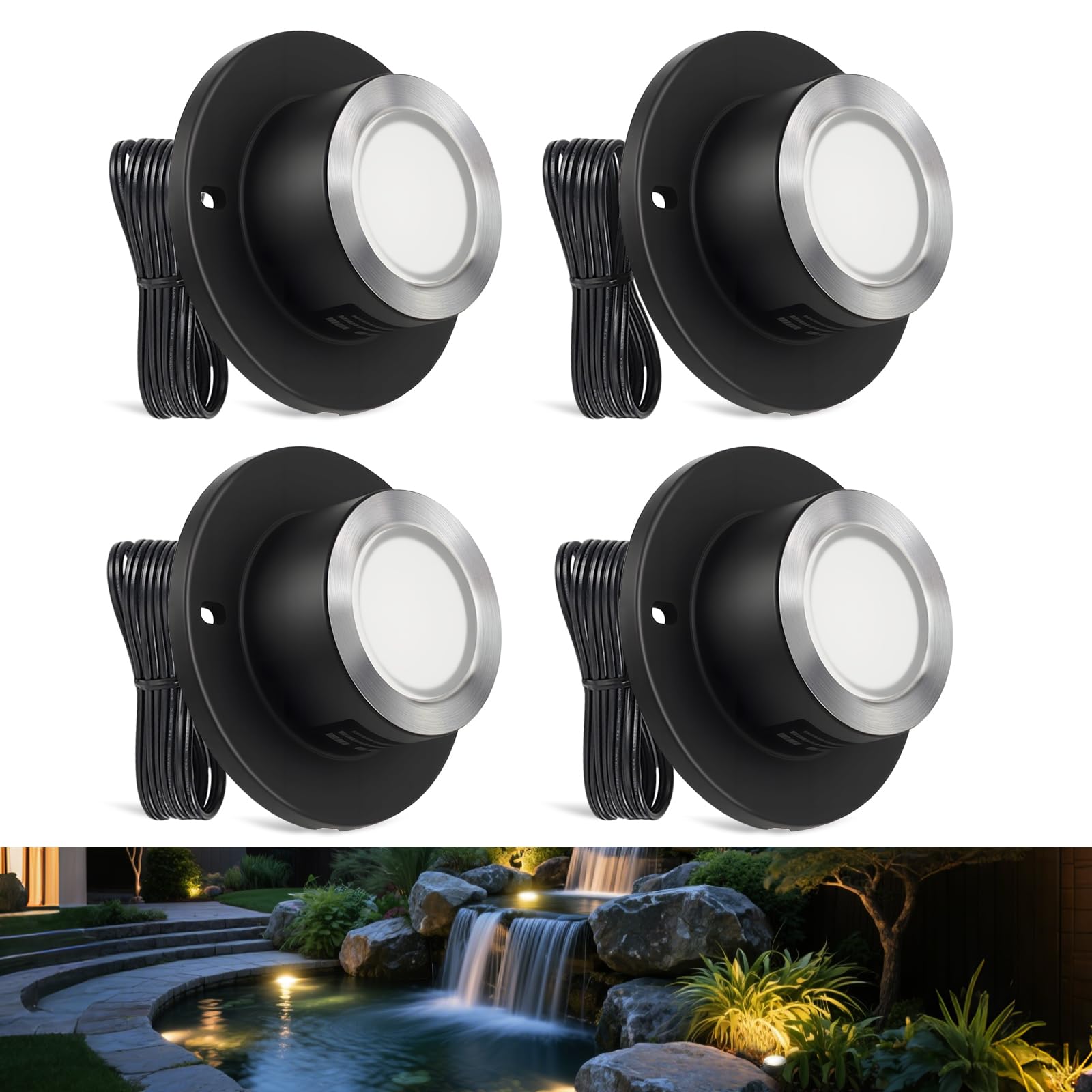 Photo 1 of SMY Lighting 3W LED Pond Lights 12-24V AC/DC Low Voltage Underwater Fountain Lights 3000K Warm White IP68 Waterproof for Outdoor Ponds Fountains Waterfalls, 4 Pack