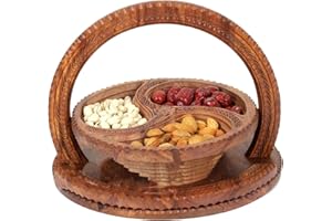 Wooden Fruit Basket with Handle,4-Partitions Foldable Divided Snack Serving Tray - Fruit Basket for Candy, Nuts