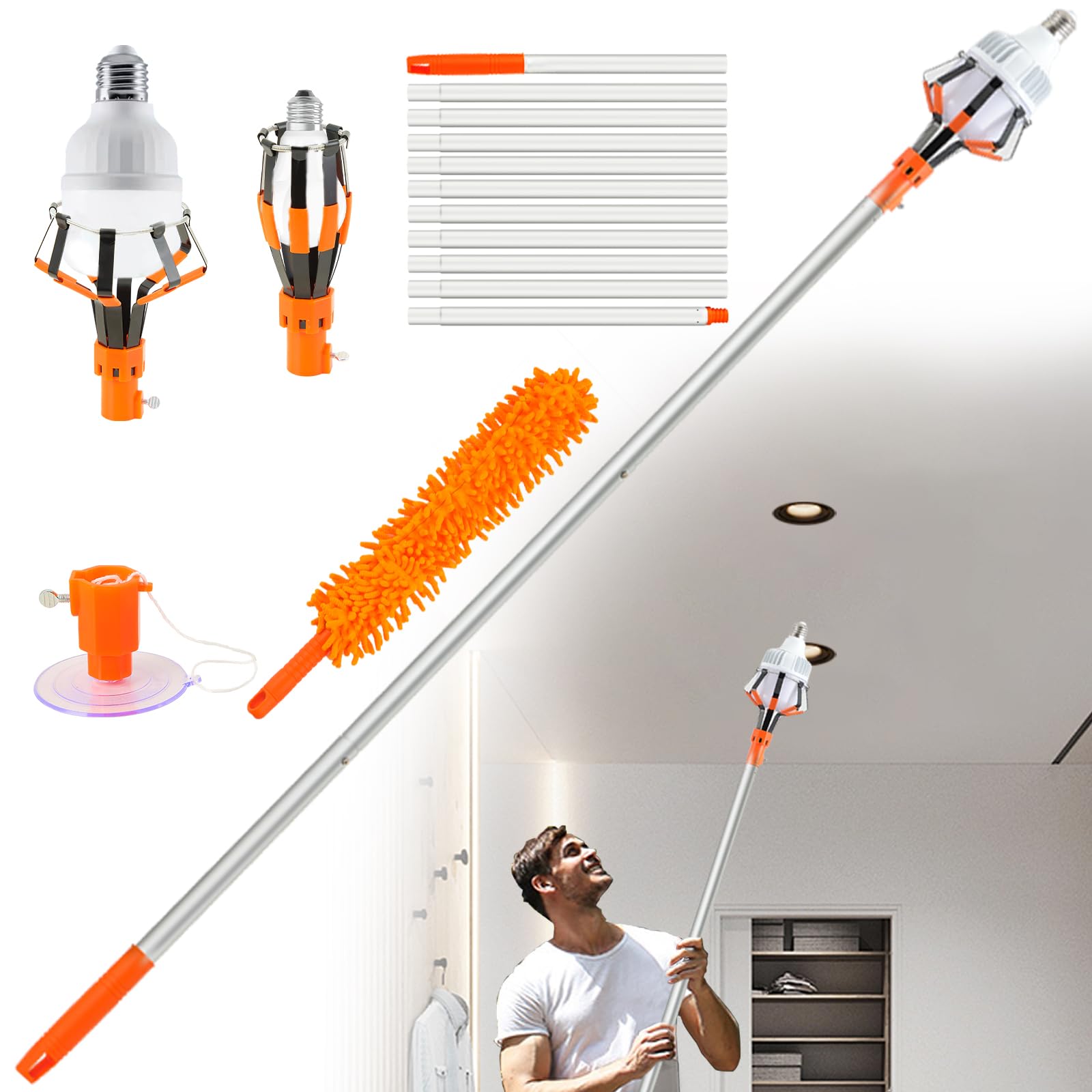 Photo 1 of REYDELUZ 12FT Light Bulb Changer for High Ceilings and Recessed Lights, Light Bulb Pole Changer for High Ceilings, Light Bulb Changer with Baskets and Suction Cup, Light Bulb Removal Tool