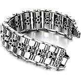 COOLSTEELANDBEYOND Heavy and Study Mens Stainless Steel Biker Skull Bracelet Silver Black Two-Tone Polished
