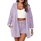 FIOPHY Sexy Fuzzy 3 Piece Pajamas Lounge Sets for Womens Cozy 3-piece Fluffy Fleece Cardigan Robe Crop Top Shorts Warm PJ Set