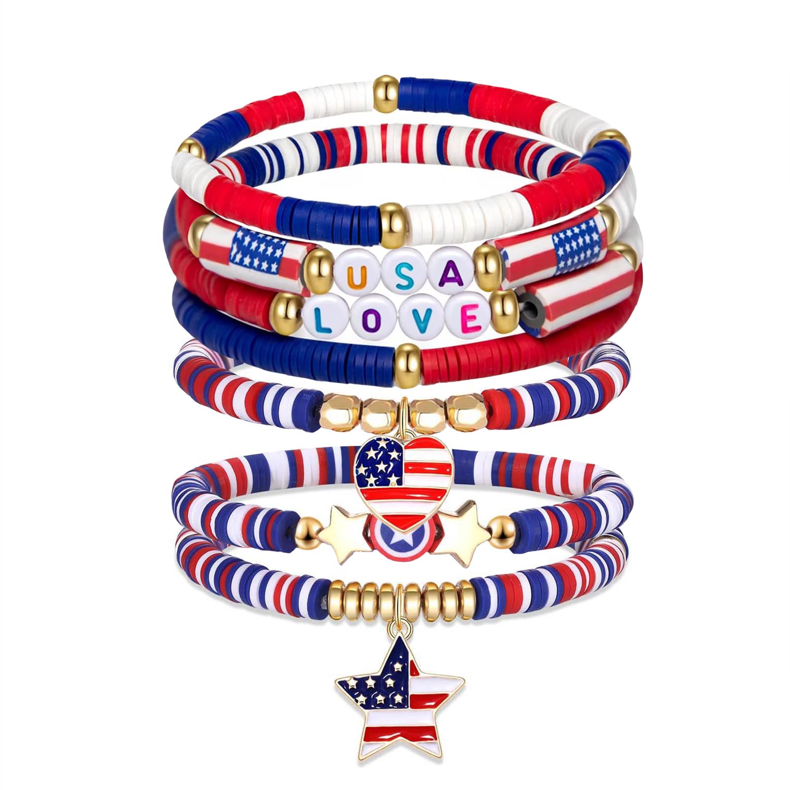 Photo 1 of 7Pcs Red White and Blue Bracelets, 4th of July Accessories USA Flag Charms Surfer Heishi Polymer Preppy Clay Beads Bracelet Set Stackable Elastic Letter Bead Layering Jewelry Gift for Independence Day