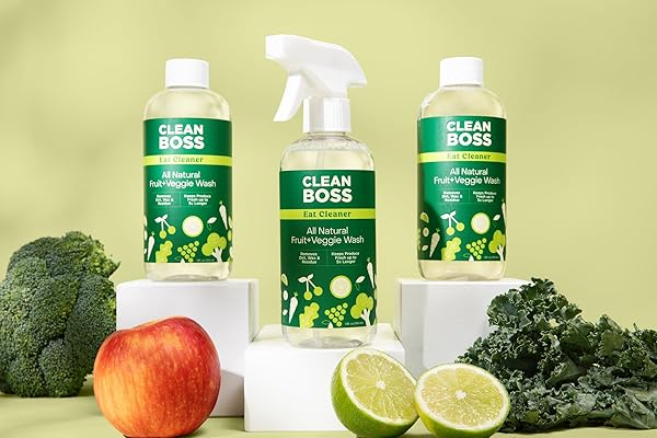 CLEANBOSS EAT CLEANER TRIPLE-ACTION FRUIT + VEGGIE WASH – 12 OZ, PACK OF 3 – REMOVES HARMFUL RESIDUE – KEEPS PRODUCE FRESH UP TO 5X LONGER – INCLUDES ONE TRIGGER – VEGAN, GLUTEN FREE – IMPROVED NOZZLE