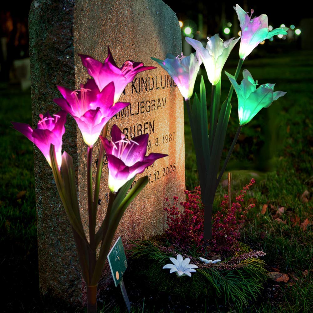 Pure Ponta Solar Flower Lights | 2 Pack of Solar Stake Lights with 8 Solar Flowers | Multi Color Changing LED Flower Lights Powered by Premium Solar Panels (4 White & 4 Purple Solar Flowers)