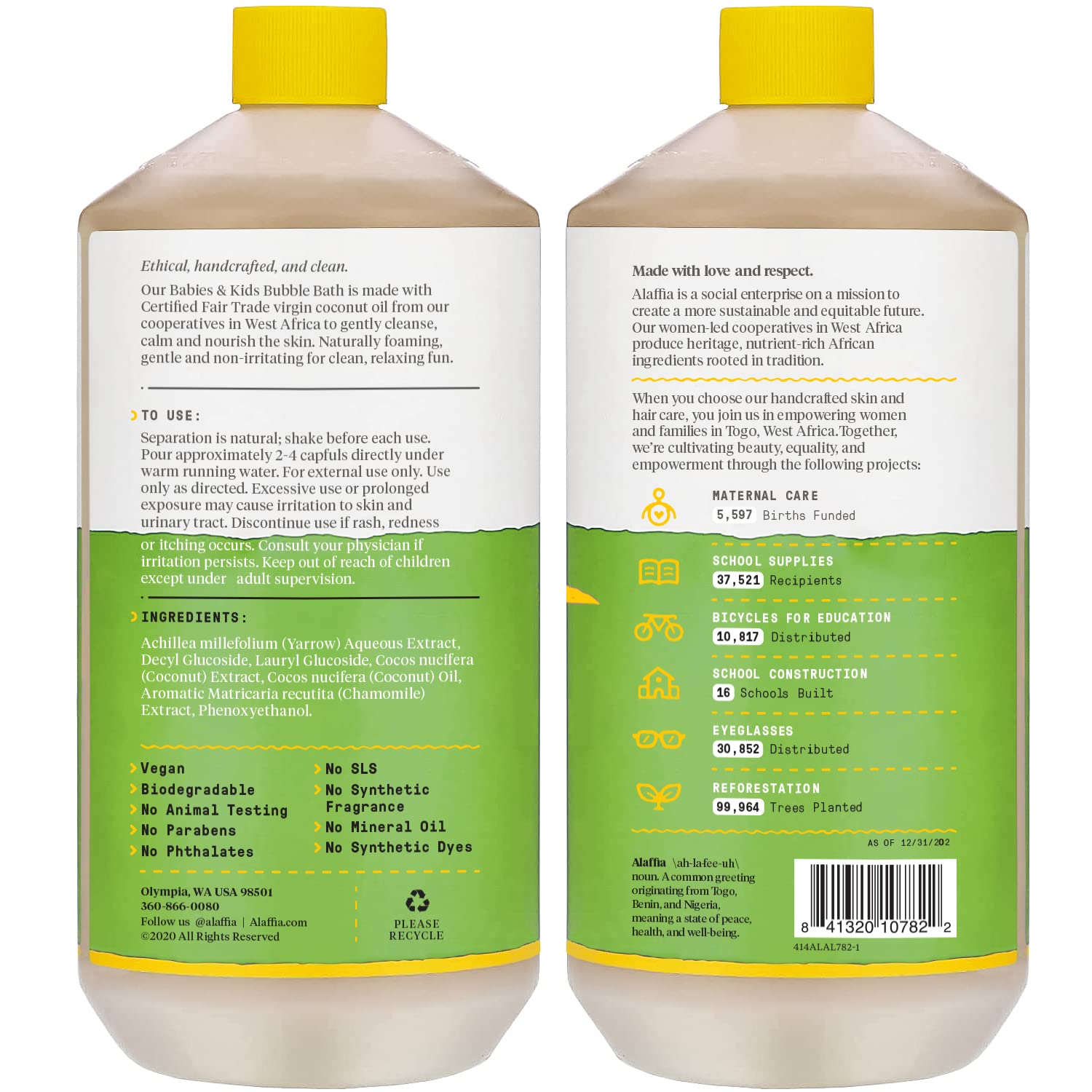 Alaffia Babies & Kids Bubble Bath, Coconut Chamomile, Pump Included – Gentle Cleanser with Raw Shea Butter and Yarrow, 32 Fl Oz