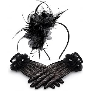 Fascinators Hat for Women and Tea Party Gloves Set | Cocktail Headband with Feather Pearl Veil for Church