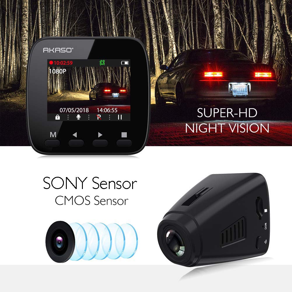 AKASO Dash Cam Dashboard Recording Camera V1 Car Recorder with Sony Sensor, 1296P FHD, GPS, G-Sensor, WIFI with Phone APP, Night Vision, Loop Record, Parking Monitor, 170°Wide Angle, with 16GB Card