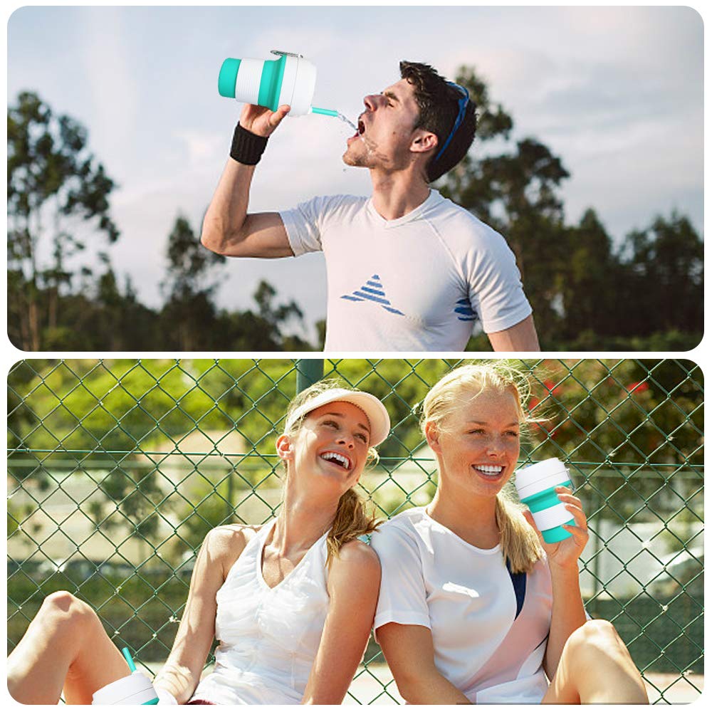 Idealife Collapsible Silicone Travel Cup Foldable Cup with Straw and Lid Folding Cup for Camping Travel Outdoor Office BPA Free 350ml/11.8oz (Green)