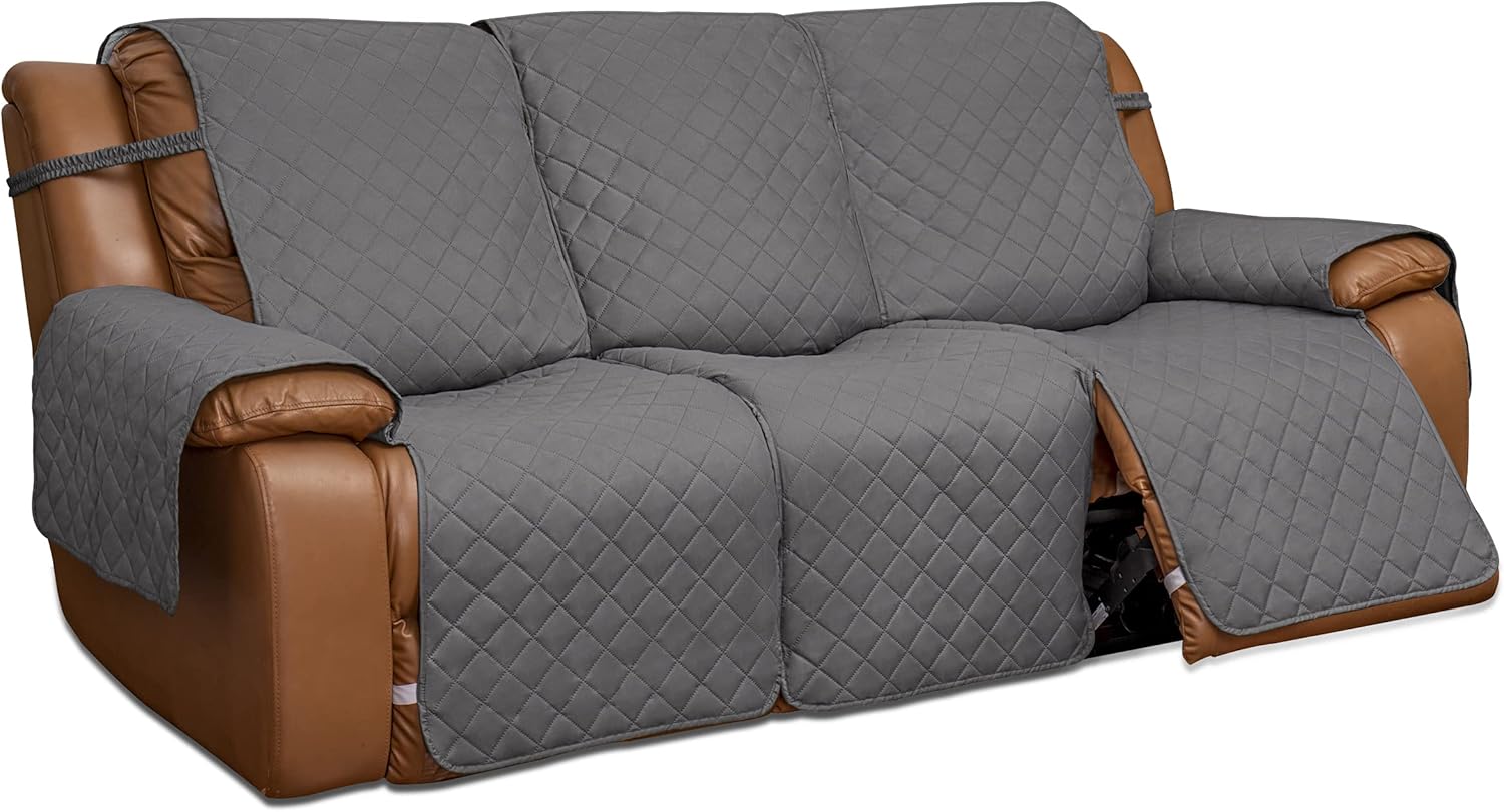 Slipcovers - Easy-Going Recliner Sofa Cover, Reversible Couch Cover for 3 Seat Recliner, Split Sofa Cover for Each Seat, Furniture Protector with Elastic Straps for Kids, Dogs, Pets(3 Seater, Gray/Light Gray)