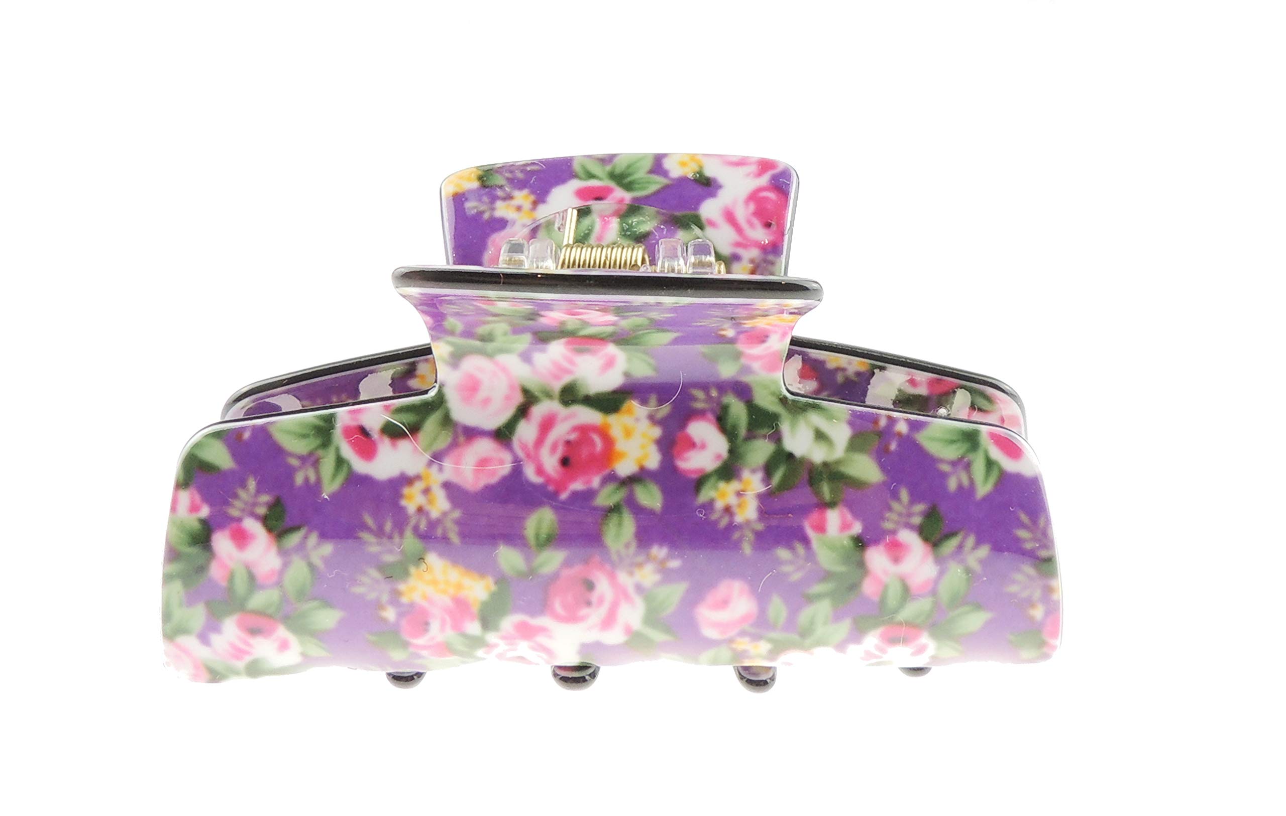 Womens Girls Strong Bridal Wedding Party Bridesmaid Birthday Hair Accessories Bulldog Crab Octopus Jaw Medium Butterfly Grip Hair Claw Clamp Clip Square Rectangle Floral English Garden Print (Purple)