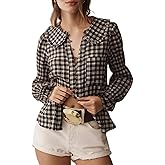 Women Collar Plaid Gingham Blouse Tops Y2k Puff Long Sleeve Ruffle Button Down Up Checkered Shirts