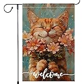 Welcome Spring Garden Flags Summer Cat Garden Flag 12x18 Inch Double Sided Colorful Floral Small Burlap Home Yard Lawn Holiday Decorations