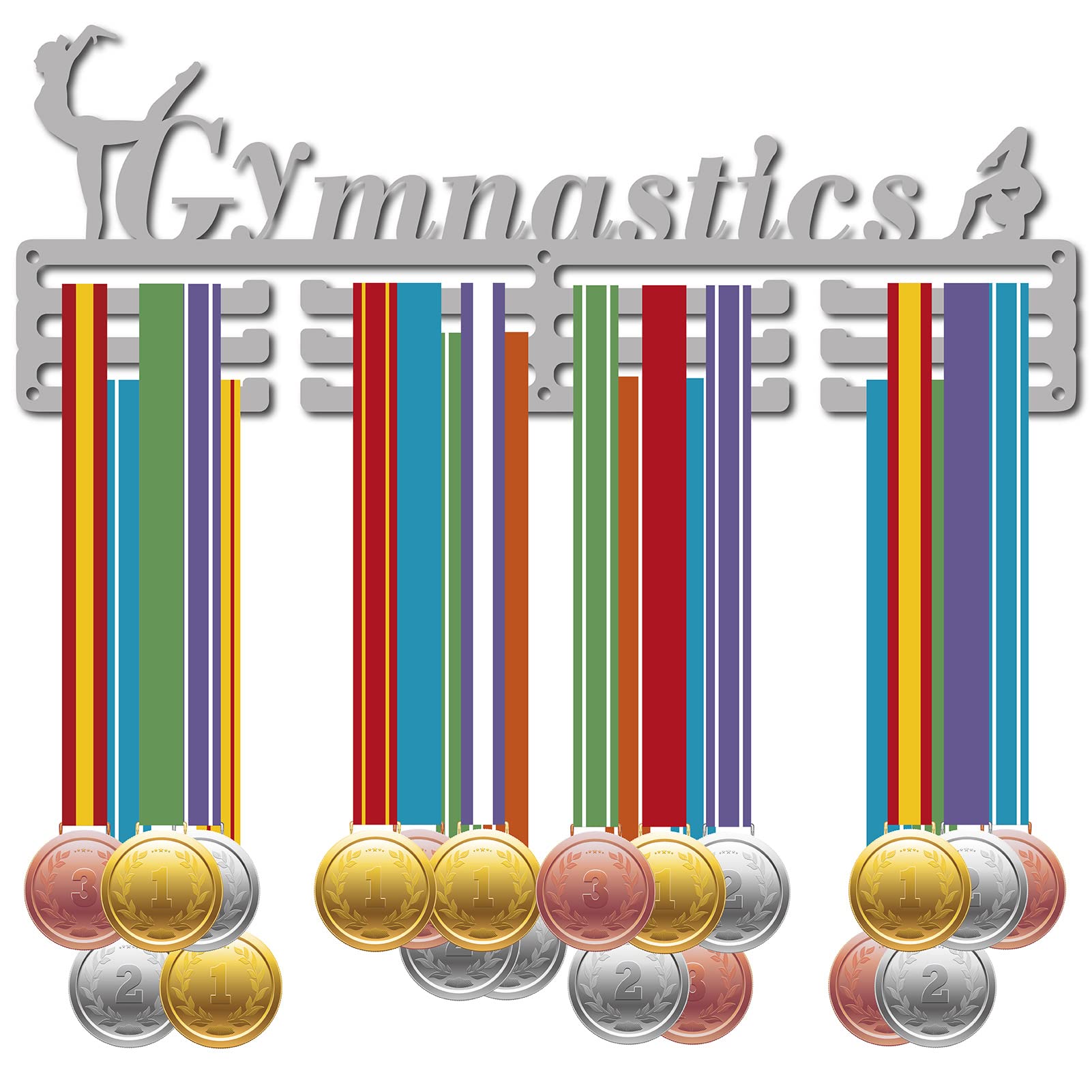 CREATCABIN Gymnastics Medal Holder Display Gymnast Medal Hanger Sports Awards Stand Wall Rack Mount Decor Stainless Steel Metal Hanging for Home Badge Storage 3 Rows Hanging Over 60 Medals, Silver