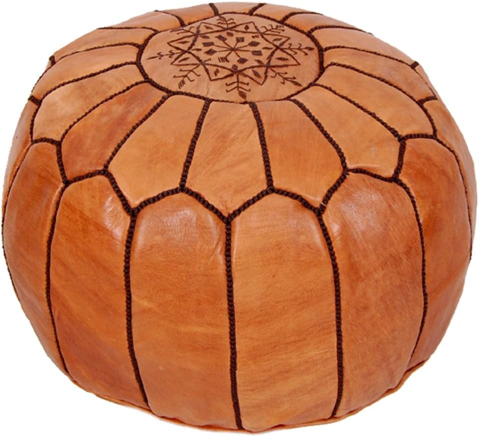 Stuffed Moroccan Pouf Ottoman Footstool (Leather) Genuine Hand-Stitched Seating | Living Room, Bedroom, Sitting Area | Brown