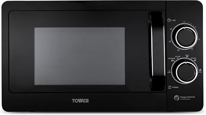 Tower T24042BLK 800W Manual Microwave 20L Black & Chrome - 6 Heat Settings