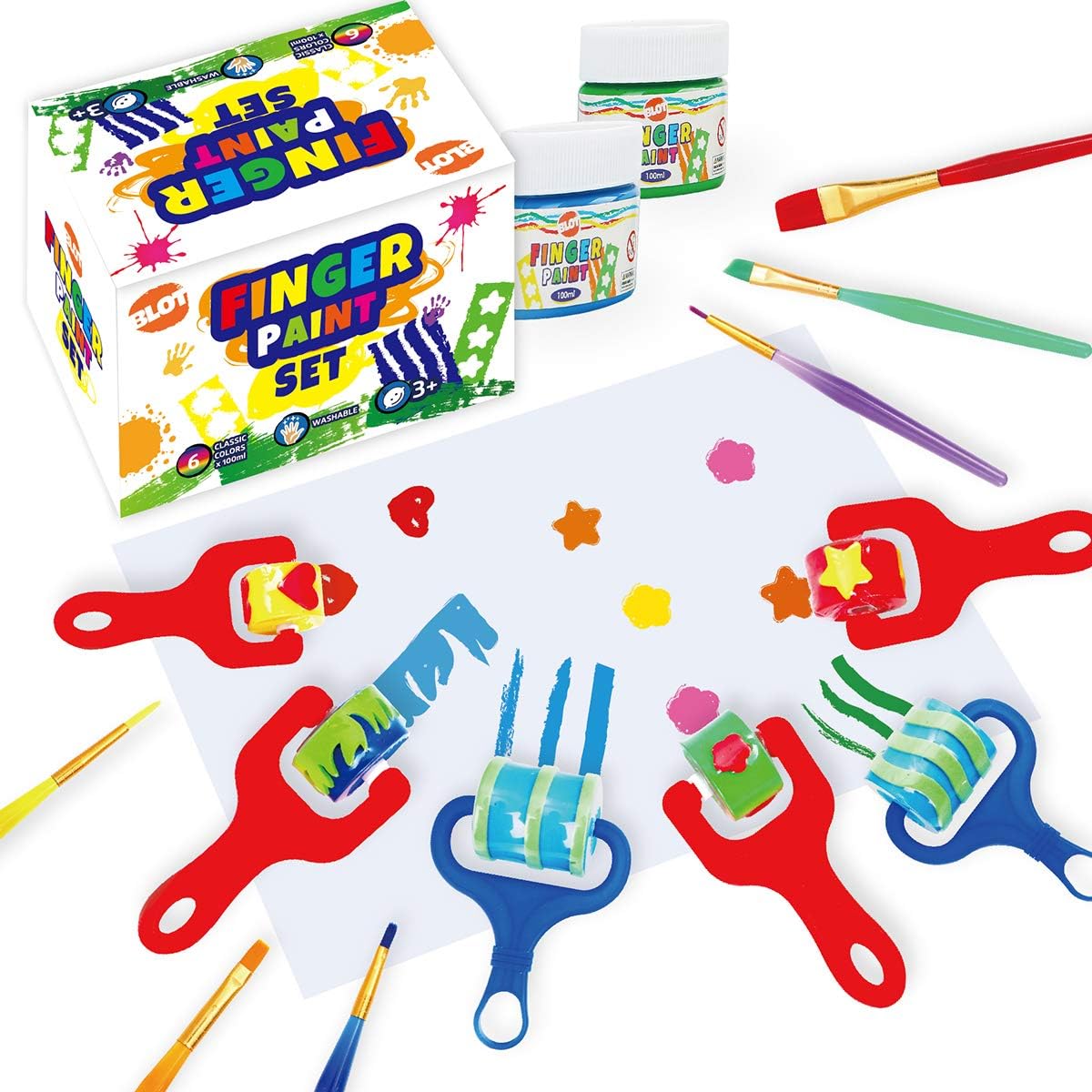 INK LAB Early Learning Kids Paint Set Washable Finger Paint Kit with Painting Brushes Apron Sponges for Toddlers Children Drawing, 6 Colors, 100ml/Can: Toys & Games