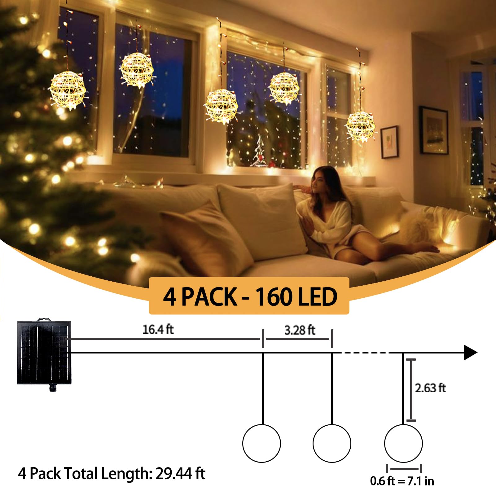 WISEgham Christmas Solar String Lights Outdoor, 4Pc 160LED 29.5ft Solar Powered Globe Fairy Lights Waterproof, 8 Modes Ball Lights Outside for Tree Garden Yard Porch Lawn Holiday Decor, Warm White