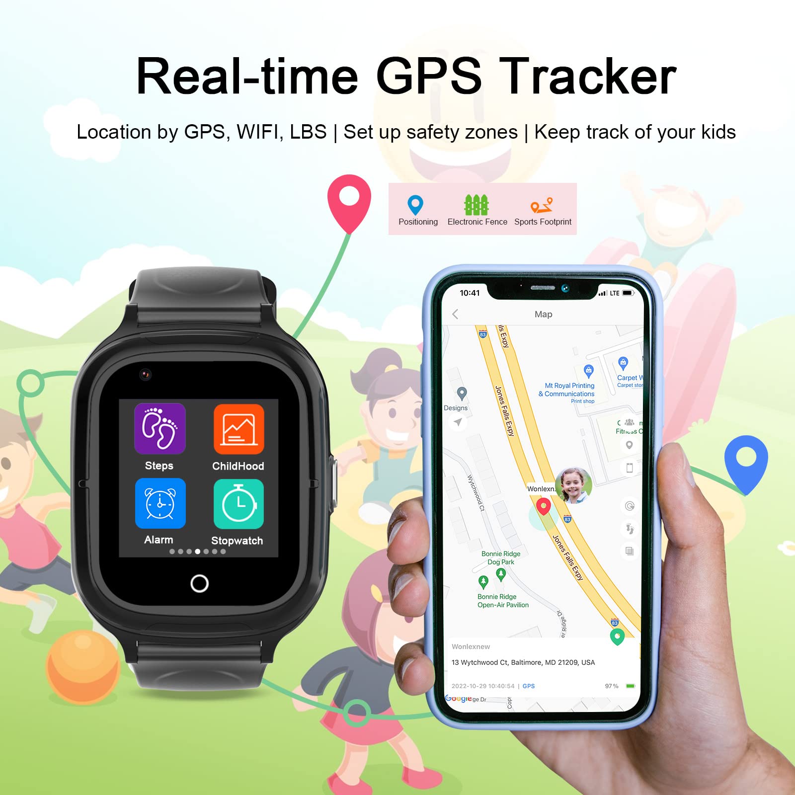 LogHog Wonlex 4G Smart Watch for Kids Call and Text Boys Girls 4-12 Baby Watches with SIM Card GPS Tracker Touch Screen Kids Phone Watch Voice Video Calling Messaging (Black)